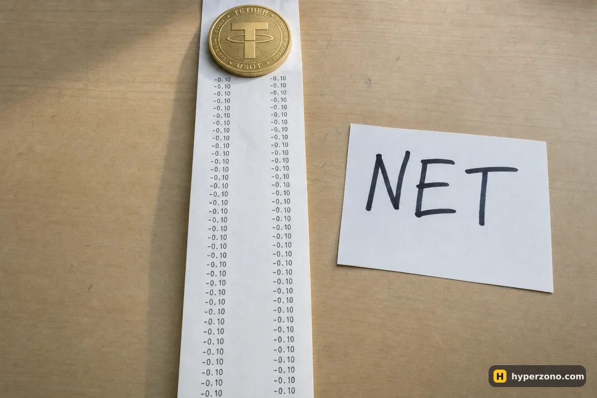 A long printed receipt with many tiny amounts, a gold USDT coin and a card reading NET on a wooden desk