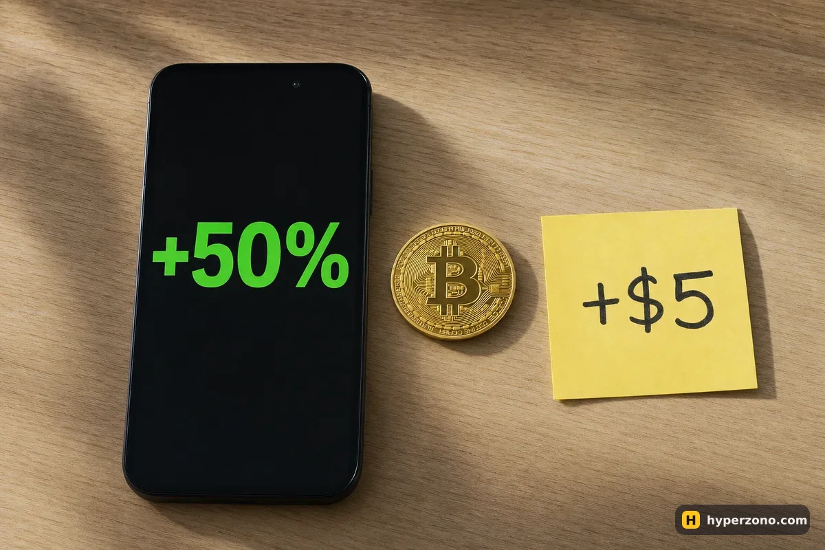 Phone screen showing a big green +50% next to a sticky note reading +$5 and a Bitcoin coin on a desk