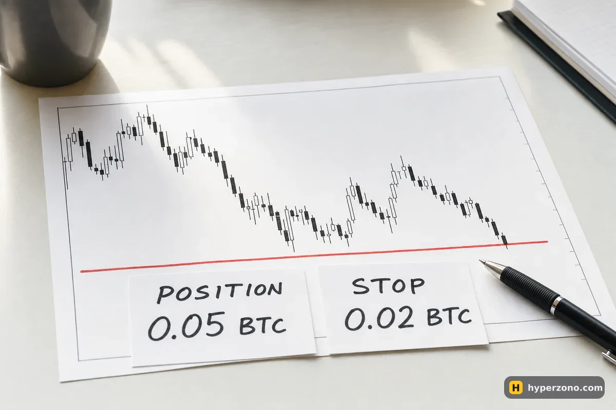 Two handwritten paper slips on a printed chart showing a position of 0.05 BTC but a stop for only 0.02 BTC