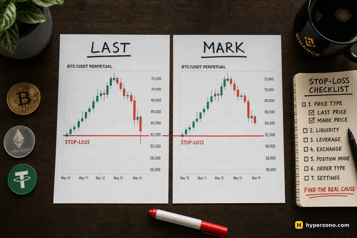 Two printed charts labelled LAST and MARK with the same red stop line; only the left chart's wick crosses it