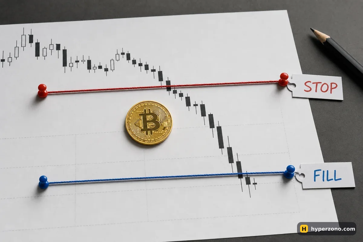 Printed candlestick chart with a red string labelled STOP above a blue string labelled FILL, a Bitcoin coin in the gap between them