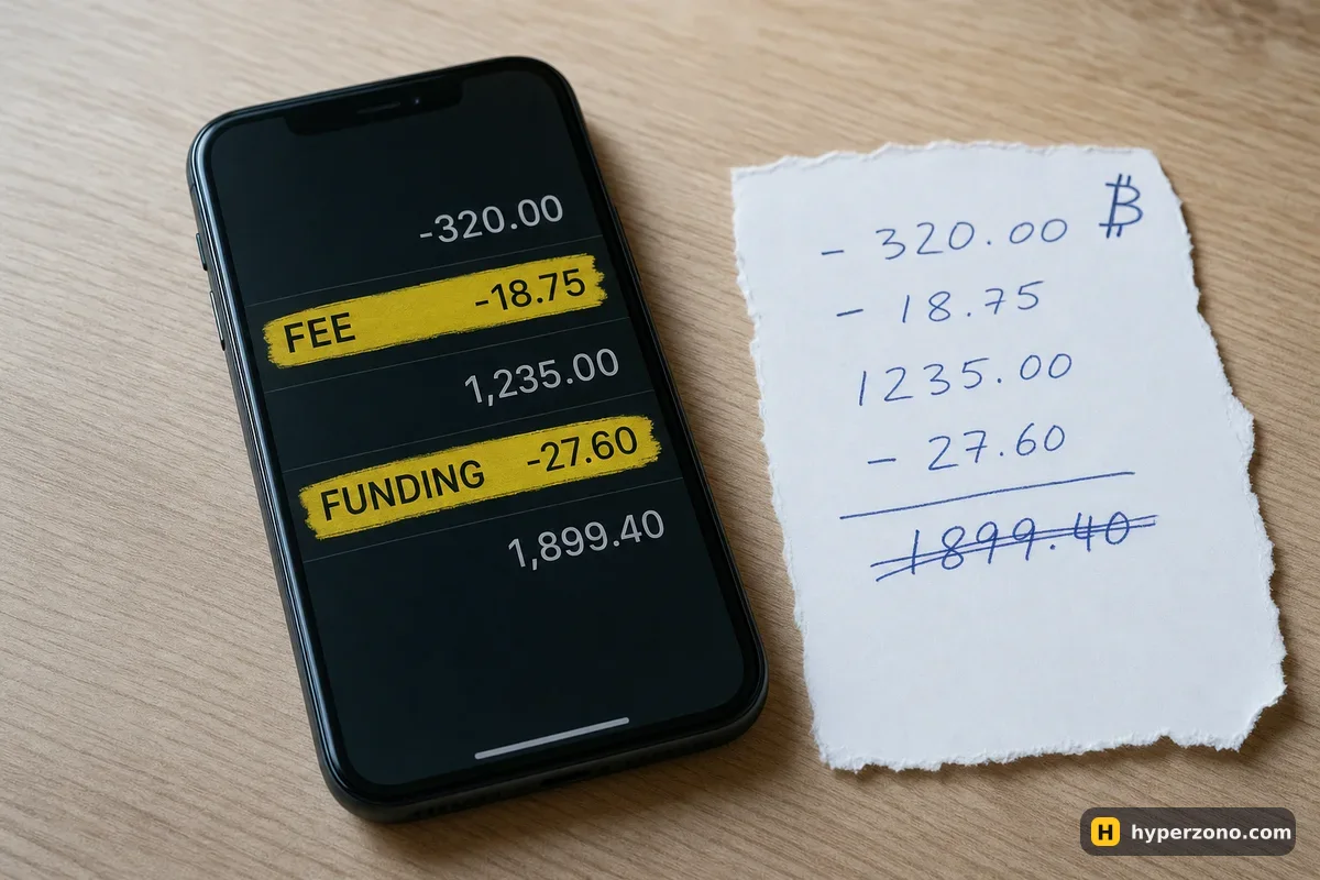 A phone showing a trade history list with fee and funding rows highlighted, next to a handwritten note with numbers that do not match