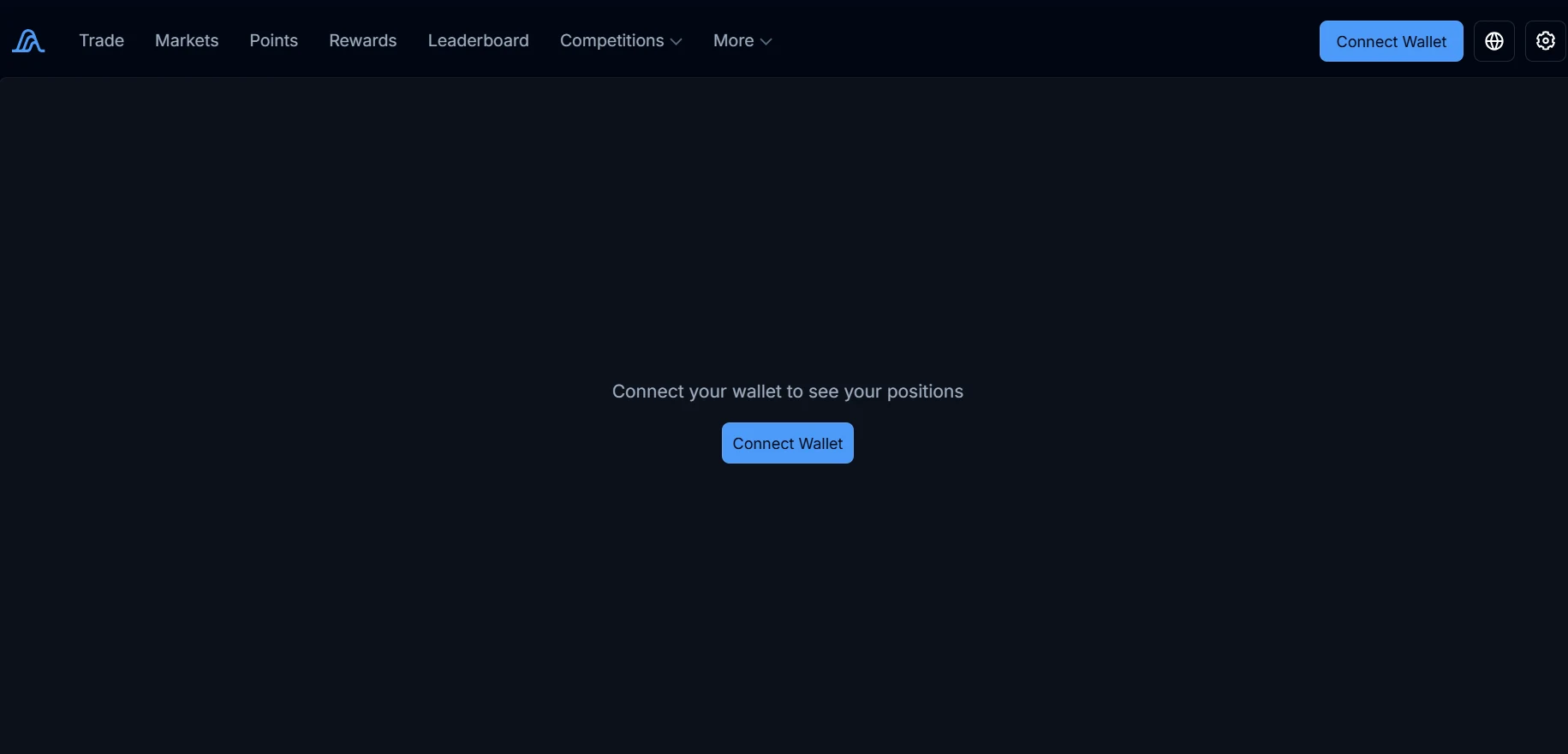 Variational Omni start screen before connecting a wallet: Trade, Markets, Points, Rewards, Leaderboard menu and a Connect Wallet button