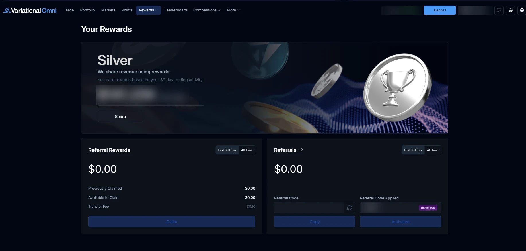 Variational Omni Your Rewards page: Silver tier, Referral Rewards and Referrals panels, a Referral Code field and an applied referral code marked Boost 15%