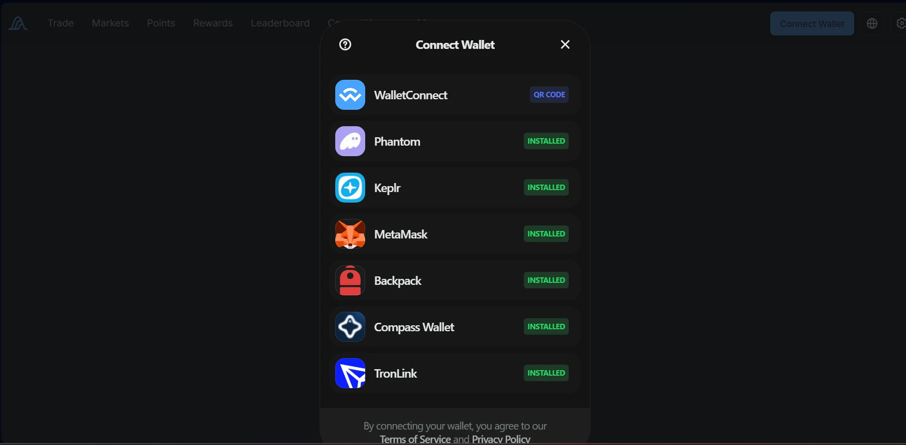 Variational Omni Connect Wallet window listing WalletConnect with a QR code and wallets installed in the browser